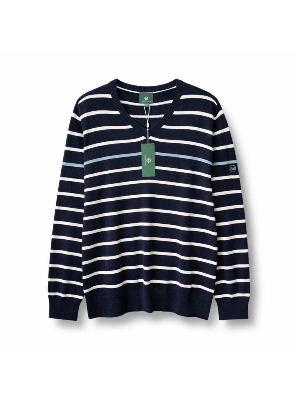AG Green Label Navy Striped V-Neck Sweater Men’s Large Cotton Cashmere NWT